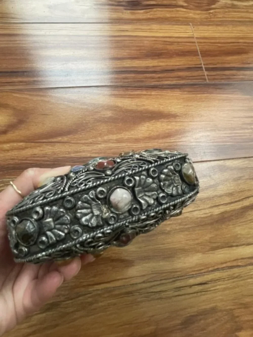 The Vintage Sajai Filigree Metal Purse with Agate Stones is a handcrafted piece